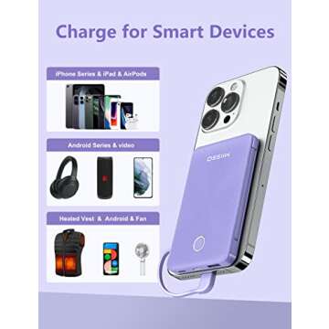 6000mah Card Size Built in Cables Power Bank, Built in USB C Cords Battery Pack Travel Charger Portable Charger for Phones, 4 Output Ultra Slim Battery Pack Compatible with iPhone, Deep Purple
