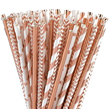 ALINK Biodegradable Rose Gold Paper Straws Bulk, Pack of 100 Metallic Foil Striped/Wave/Heart Straws...