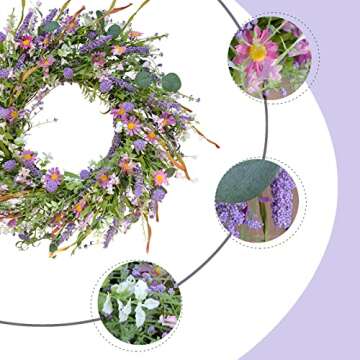 Egolot 24 Inch Spring and Everyday Greenery Wild Flower Wreath for Front Door, Mixed Green Leaves an...
