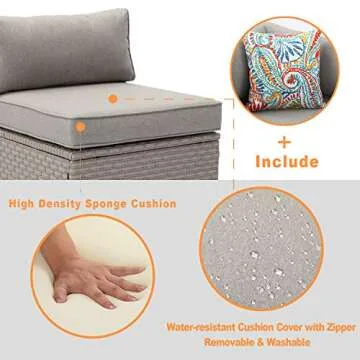 COSIEST 7-Piece Outdoor Furniture Set Warm Gray Wicker Sectional Sofa w Thick Cushions, Glass Coffee Table, Floral Fantasy Pillows for Garden, Pool, Backyard (Warm Gray)
