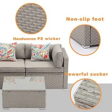 COSIEST 7-Piece Outdoor Furniture Set Warm Gray Wicker Sectional Sofa w Thick Cushions, Glass Coffee Table, Floral Fantasy Pillows for Garden, Pool, Backyard (Warm Gray)
