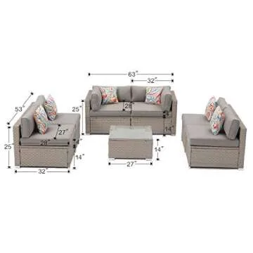 COSIEST 7-Piece Outdoor Furniture Set Warm Gray Wicker Sectional Sofa w Thick Cushions, Glass Coffee Table, Floral Fantasy Pillows for Garden, Pool, Backyard (Warm Gray)