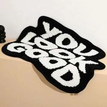 MOJUN Letters You Look Good Bath Mat, 24.4”x 31.4” Cute Soft Black White Non Slip Shower Rug Absorbent Bathoom Rugs Bath Mat Rugs for Bedroom Doormat Kitchen Home Decor