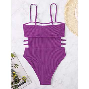 Hilinker Women's Ribbed One Piece Swimwear Cutout Tummy Control Bathing Suit Purple Small
