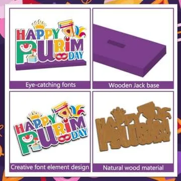 Purim Decorations Wood Table Centerpieces 3pcs Happy Purim Day Decorations Jewish Holiday Party Table Decor Purple Carnival Mask and Clown Pattern Wood Tabletop