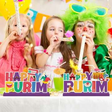 Purim Decorations Wood Table Centerpieces 3pcs Happy Purim Day Decorations Jewish Holiday Party Table Decor Purple Carnival Mask and Clown Pattern Wood Tabletop