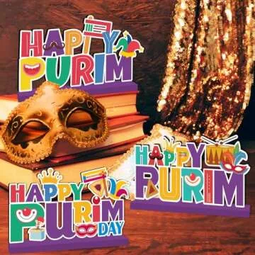 Purim Decorations Wood Table Centerpieces 3pcs Happy Purim Day Decorations Jewish Holiday Party Table Decor Purple Carnival Mask and Clown Pattern Wood Tabletop