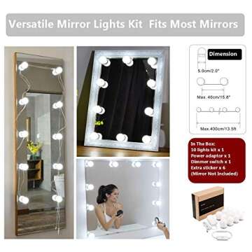 Waneway Vanity Lights for Mirror, DIY Hollywood Lighted Makeup Mirror with Plug in Dimmable Lights, Stick on LED Mirror Light Kit for Vanity Set, for Bathroom Wall Mirror, 10-Bulb