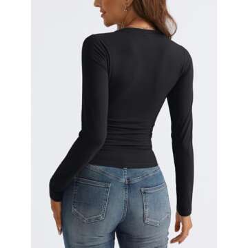 Trendy Queen Long Sleeve Shirts for Women 2024 Fall Fashion V Neck Basics Crop Tops Layering Slim Fitted Y2K Tops Black L