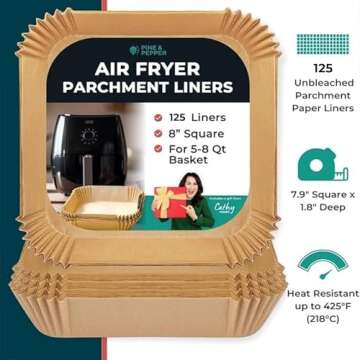 Cathy Yoder's Pine & Pepper Air Fryer Liners, 125PCS 7.9-inch Square - Premium, Food-Grade Parchment Paper, Disposable & Recyclable, Easy Air Fryer Cleanup, Oil & Water Resistant