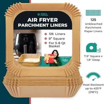 Cathy Yoder's Pine & Pepper Air Fryer Liners, 125PCS 7.9-inch Square - Premium, Food-Grade Parchment Paper, Disposable & Recyclable, Easy Air Fryer Cleanup, Oil & Water Resistant