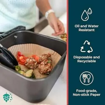 Cathy Yoder's Pine & Pepper Air Fryer Liners, 125PCS 7.9-inch Square - Premium, Food-Grade Parchment Paper, Disposable & Recyclable, Easy Air Fryer Cleanup, Oil & Water Resistant