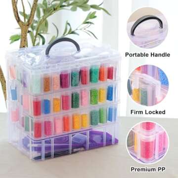 QUEFE 4-Tier Diamond Painting Storage Container, 150 Slots Portable Bead Organizer Box, Stackable Crafts Organizers for DIY Diamond Art Craft Jewelry Bead Storage