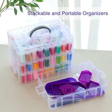 QUEFE 4-Tier Diamond Painting Storage Container, 150 Slots Portable Bead Organizer Box, Stackable Crafts Organizers for DIY Diamond Art Craft Jewelry Bead Storage
