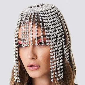 Earent Tassel Rhinestone Cap Headpiece Silver Crystal Head Chain Jewelry Roaring 1920s Belly Dance Bridal Hair Accessories for Women(A-Silver tassel)