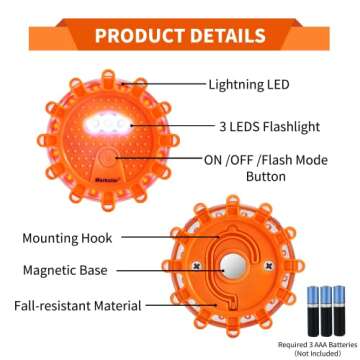 Markstor 6-Pack LED Road Flare Car Emergency Kit,Magnetic Base & Hook Road Flares Safety Light With 9 Flashing Modes,Roadside Flares Emergency Lights For Vehicles (6 Pack)