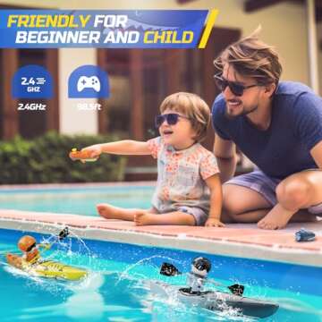 DEERC RC Kayak Boat for Kids,2.4 Ghz Remote Control Shark Boat Toys W/LED Light for Pools,Lake,Bathtub Never Capsize Summer Outdoor Water Toys Gift for Ages 4-8 Boys Girls