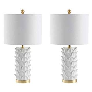 SAFAVIEH Lighting Collection Nico White/ Gold Leaf 25-inch Bedroom Living Room Home Office Desk Nightstand Table Lamp Set of 2 (LED Bulbs Included)