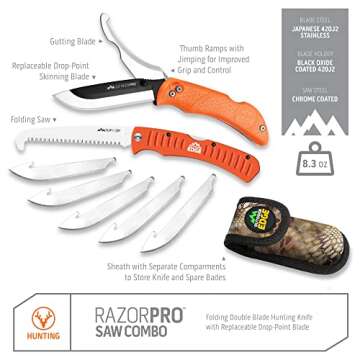 OUTDOOR EDGE RazorPro Double Blade Folding Hunting Knife & Filp N' Zip Bone Saw - Hunting Knife Feat...