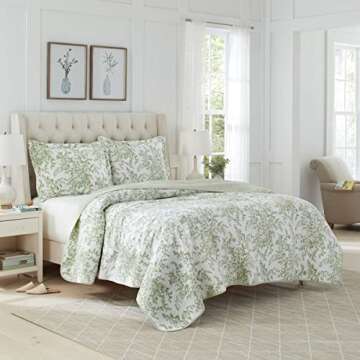 Laura Ashley - Twin Quilt Set, Reversible Cotton Bedding with Matching Sham, Lightweight Home Decor ...