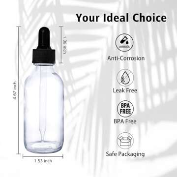 Comrzor 48 Pack 2oz Clear Glass Bottles with Glass Eye Droppers for Essential Oils, Perfumes & Lab Chemicals (Brush, Funnels, 2 Extra Droppers, 54 Pieces Labels & 30ml Measuring Cup Included)