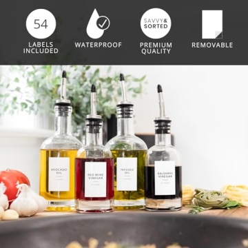 Minimalist Oil Bottle Labels Stickers - 54 Pantry Labels for Vinegar & Oil Dispenser Bottles Condiment Labels - Oil Jar Labels Pantry Stickers - Kitchen Stickers Waterproof Oil Bottle Labels Stickers