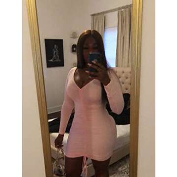 XXTAXN Women's Sexy Formal Bodycon V Neck Long Sleeve Cocktail Party Midi Dress Pink