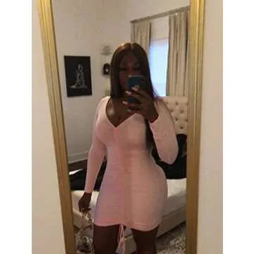 XXTAXN Women's Sexy Formal Bodycon V Neck Long Sleeve Cocktail Party Midi Dress Pink