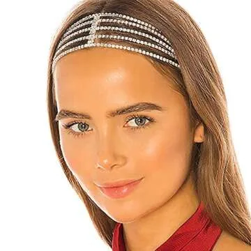 Jeairts Rhinestone Head Chain Forehead Bridal Headband Elastic Crystal Hair Band Halloween Prom Hair Jewelry for Women (1-Silver)