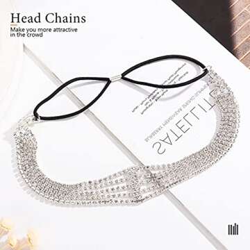 Jeairts Rhinestone Head Chain Forehead Bridal Headband Elastic Crystal Hair Band Halloween Prom Hair Jewelry for Women (1-Silver)