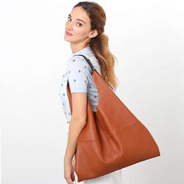 STEPHIECATH Women's Genuine Leather Handbag Vintage Slouch Hobo Shoulder Bag Large Casual Handmade Tote Snap Shopping Bags (TAN)