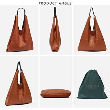 STEPHIECATH Women's Genuine Leather Handbag Vintage Slouch Hobo Shoulder Bag Large Casual Handmade Tote Snap Shopping Bags (TAN)