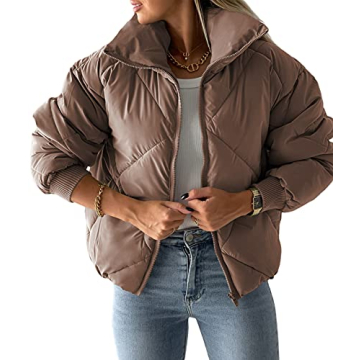 Newffr Womens Cropped Puffer Jacket Quilted Long Sleeve Full Zipper Pocketed Warm Short Bubble Coats