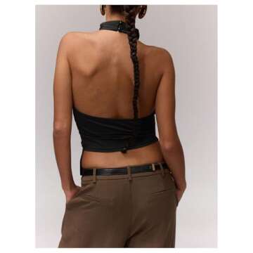 Milumia Women's Draped Halter Neck Backless Tank Top Sleeveless Asymmetrical Hem Crop Tops Black Small