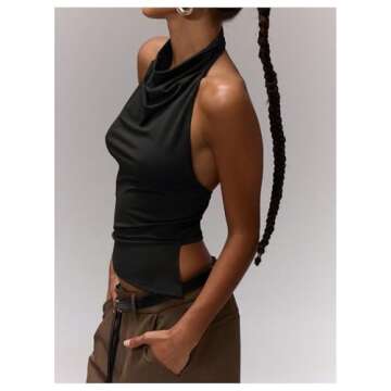 Milumia Women's Draped Halter Neck Backless Tank Top Sleeveless Asymmetrical Hem Crop Tops Black Small