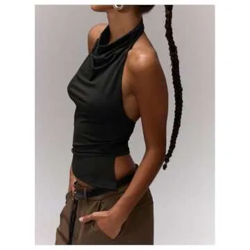 Milumia Women's Draped Halter Neck Backless Tank Top Sleeveless Asymmetrical Hem Crop Tops Black Small