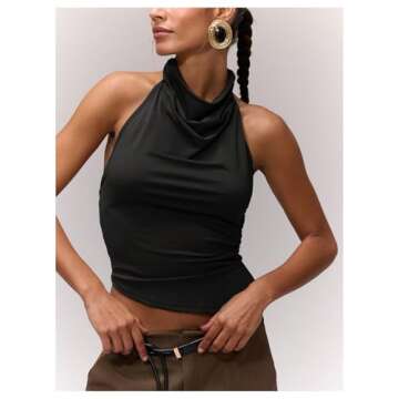 Milumia Women's Draped Halter Neck Backless Tank Top Sleeveless Asymmetrical Hem Crop Tops Black Small