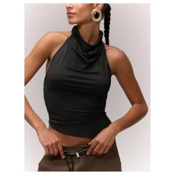 Milumia Women's Draped Halter Neck Backless Tank Top Sleeveless Asymmetrical Hem Crop Tops Black Small