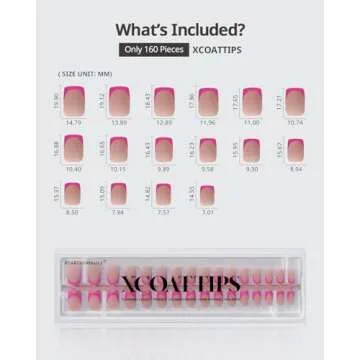BTArtboxnails XCOATTIPS Pink French Tip Press On Nails - Short Press On Nails Square, Soft Gel Nail Tips, 160Pcs Soak Off Acrylic Brown Fake Nail Extension in 16 Sizes