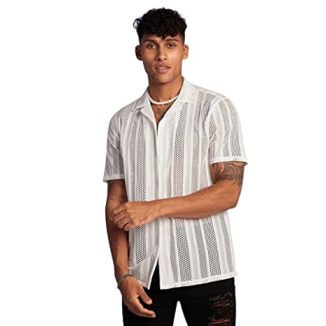 Floerns Men’s Summer Crochet Knit Short Sleeve Button Down Shirt for Beach and Vacation