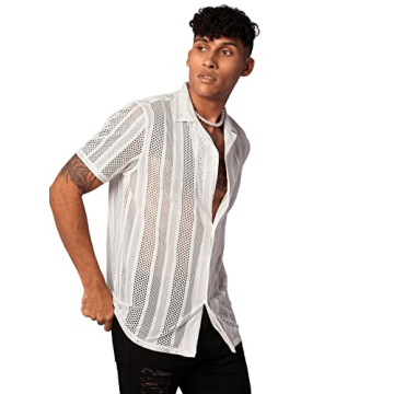 Floerns Men’s Short Sleeve Crochet Button Down Hawaiian Shirt