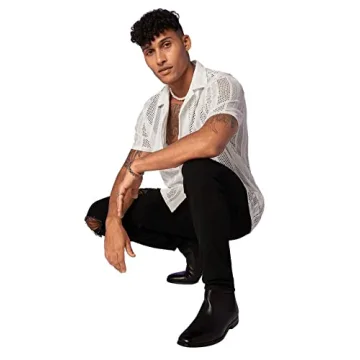 Floerns Men’s Short Sleeve Crochet Button Down Hawaiian Shirt