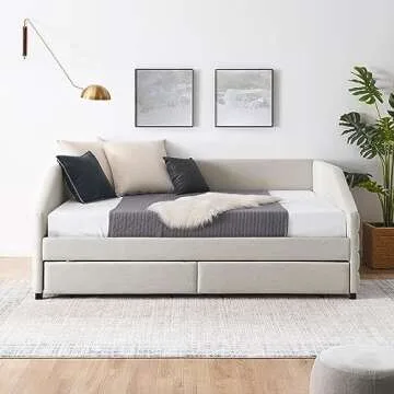 Melpomene Queen Size Daybed with Storage Drawers,Modern Upholstered Linen Fabric Channel Tufted Sofa Bed,No Spring Box Needed, Beige