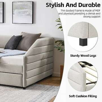 Melpomene Queen Size Daybed with Storage Drawers,Modern Upholstered Linen Fabric Channel Tufted Sofa Bed,No Spring Box Needed, Beige