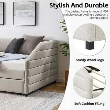 Melpomene Queen Size Daybed with Storage Drawers,Modern Upholstered Linen Fabric Channel Tufted Sofa Bed,No Spring Box Needed, Beige