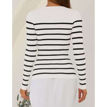 ZESICA Women's Long Sleeve Crewneck Striped Shirts Spring Ribbed Knit Sweater Slim Fitted Casual Basic Tee Tops,White,X-Large
