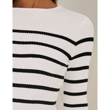 ZESICA Women's Long Sleeve Crewneck Striped Shirts Spring Ribbed Knit Sweater Slim Fitted Casual Basic Tee Tops,White,X-Large