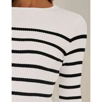 ZESICA Women's Long Sleeve Crewneck Striped Shirts Spring Ribbed Knit Sweater Slim Fitted Casual Basic Tee Tops,White,X-Large