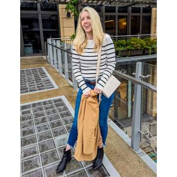 ZESICA Women's Long Sleeve Crewneck Striped Shirts Spring Ribbed Knit Sweater Slim Fitted Casual Basic Tee Tops,White,X-Large