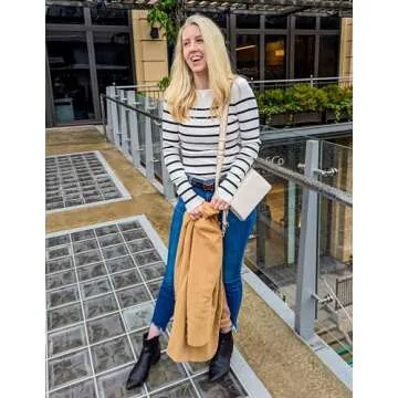 ZESICA Women's Long Sleeve Crewneck Striped Shirts Spring Ribbed Knit Sweater Slim Fitted Casual Basic Tee Tops,White,X-Large